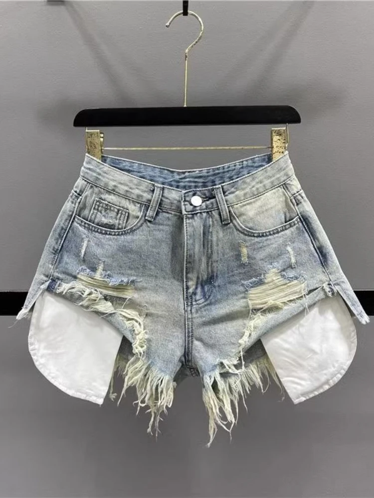 HOUZHOU Vintage Ripped Denim Shorts for Women Blue Sexy Korean Y2k Shorts Gyaru High-waisted Streetwear Short Jeans Aesthetics