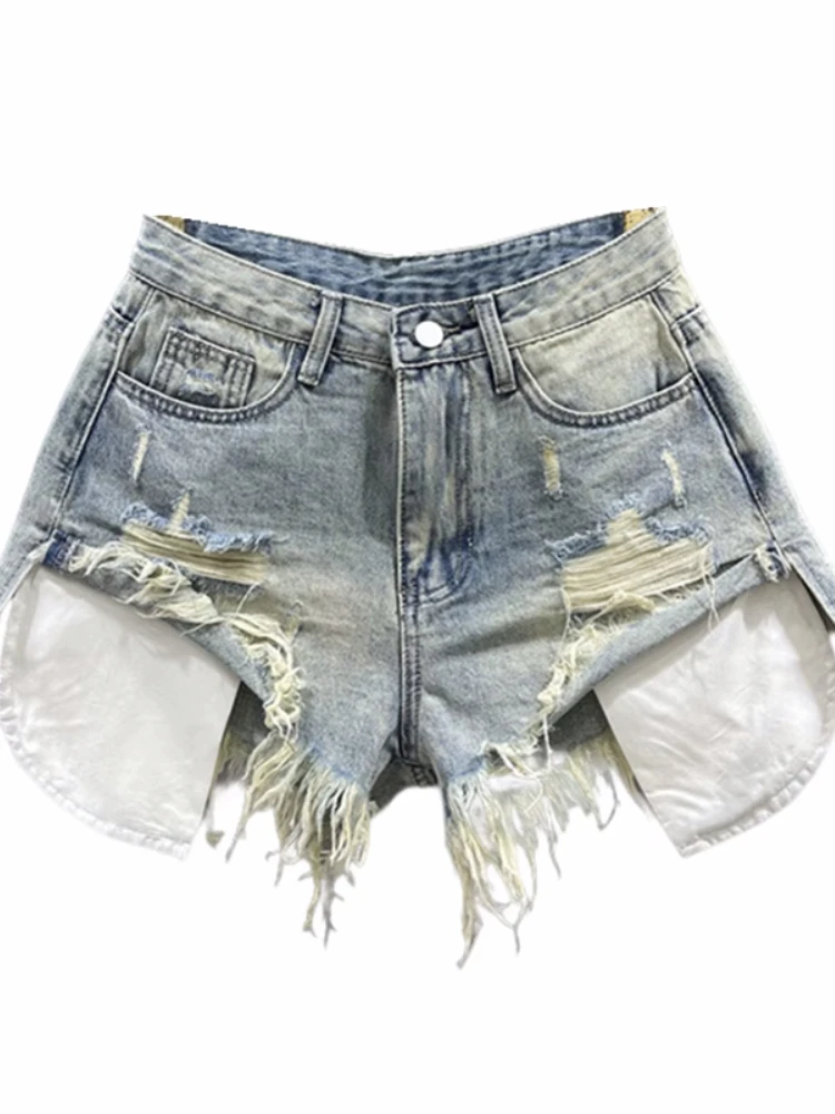 HOUZHOU Vintage Ripped Denim Shorts for Women Blue Sexy Korean Y2k Shorts Gyaru High-waisted Streetwear Short Jeans Aesthetics