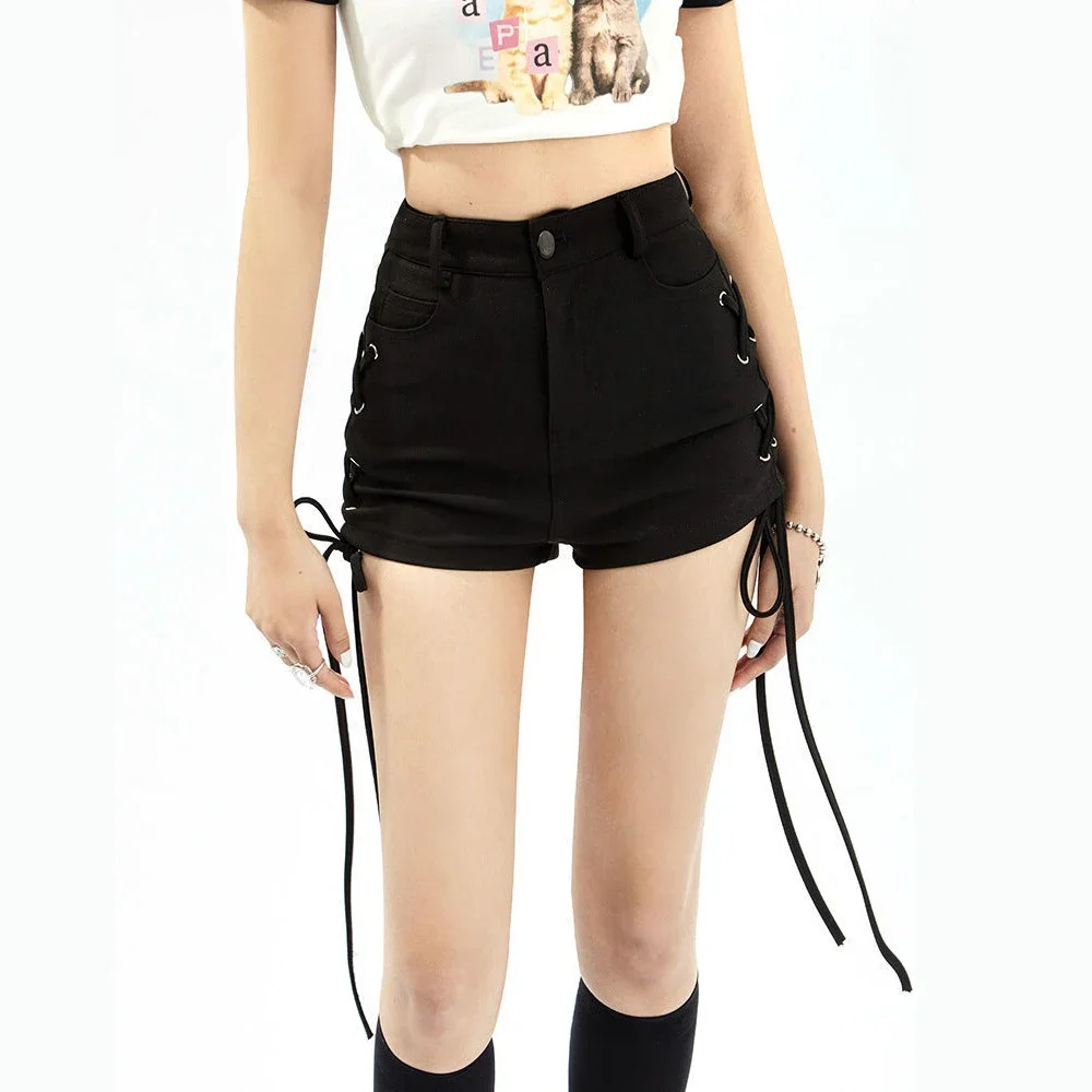Y2k Shorts Women Bandage Sexy Streetwear Gothic Mini High Waist Lace Up Casual Tight Black Goth Club Fashion Summer Hot Pants