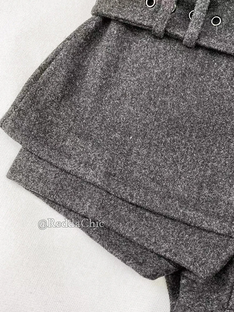 REDDACHiC Low Rise Tweed Shorts Women School Retro Gray Belt A-line Wrap Skirt Mini Skorts Grunge Cutecore Autumn Winter Bottoms