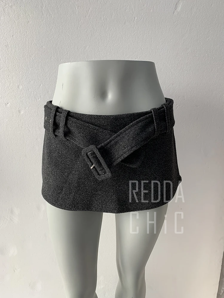 REDDACHiC Low Rise Tweed Shorts Women School Retro Gray Belt A-line Wrap Skirt Mini Skorts Grunge Cutecore Autumn Winter Bottoms