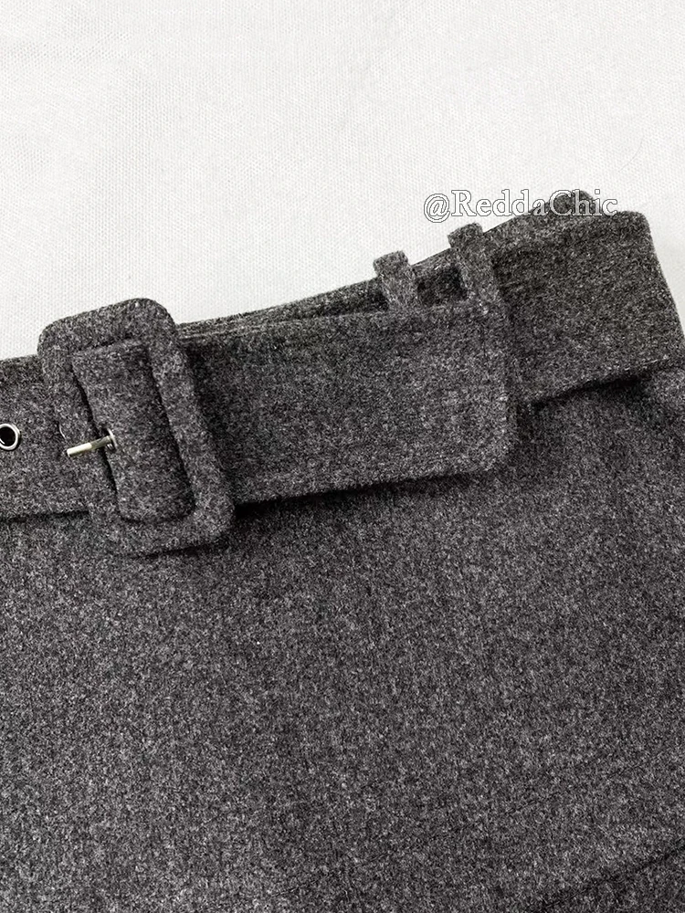 REDDACHiC Low Rise Tweed Shorts Women School Retro Gray Belt A-line Wrap Skirt Mini Skorts Grunge Cutecore Autumn Winter Bottoms
