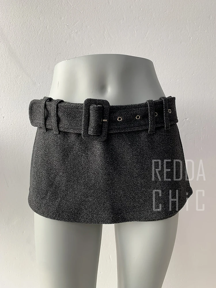 REDDACHiC Low Rise Tweed Shorts Women School Retro Gray Belt A-line Wrap Skirt Mini Skorts Grunge Cutecore Autumn Winter Bottoms