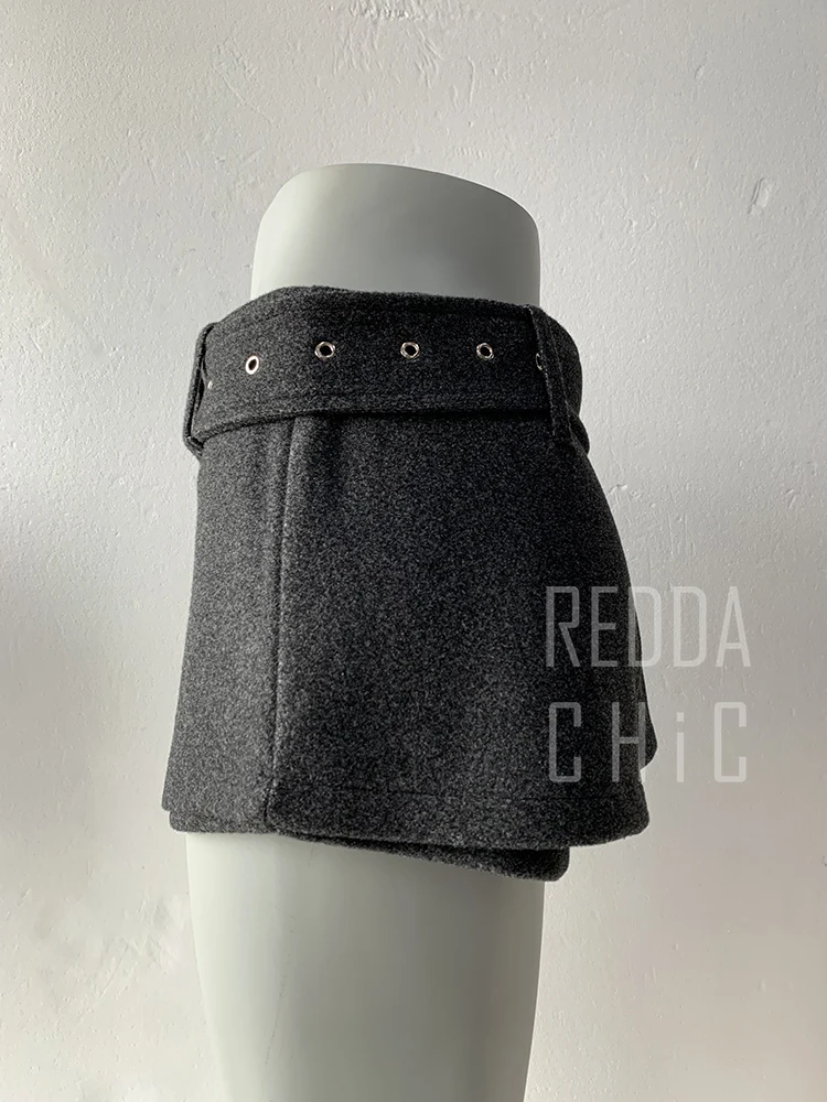 REDDACHiC Low Rise Tweed Shorts Women School Retro Gray Belt A-line Wrap Skirt Mini Skorts Grunge Cutecore Autumn Winter Bottoms