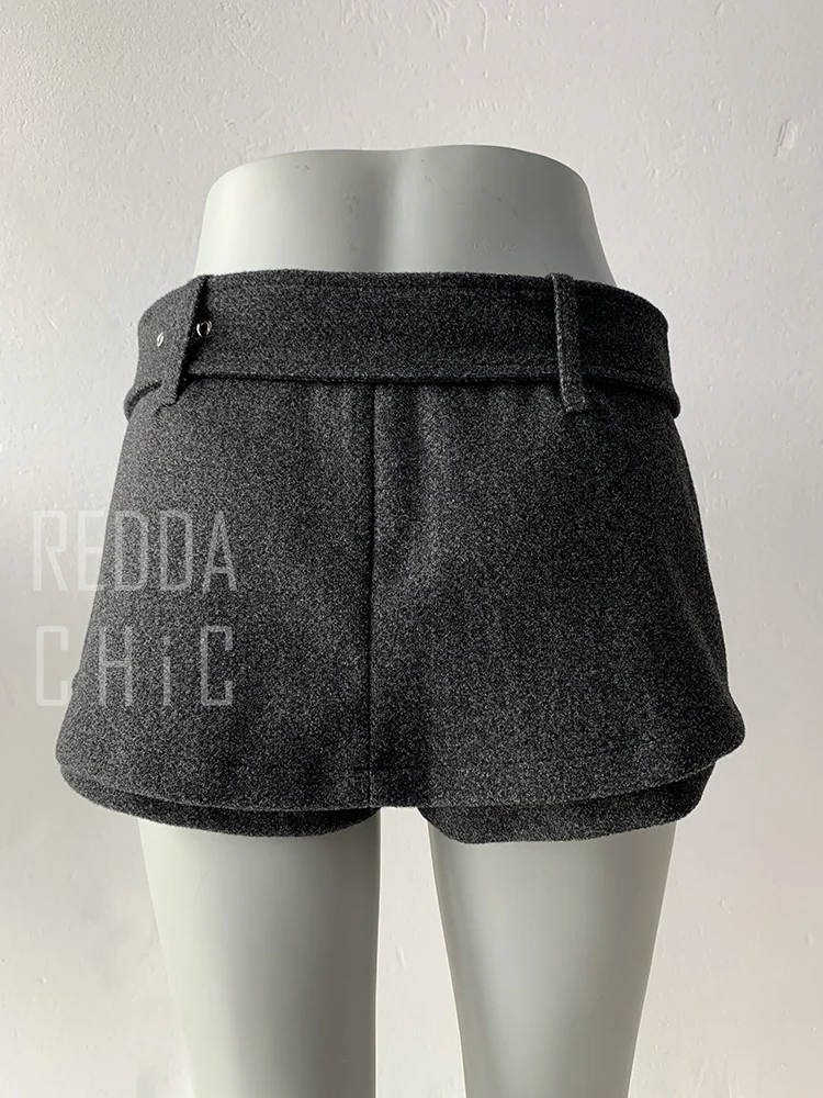 REDDACHiC Low Rise Tweed Shorts Women School Retro Gray Belt A-line Wrap Skirt Mini Skorts Grunge Cutecore Autumn Winter Bottoms