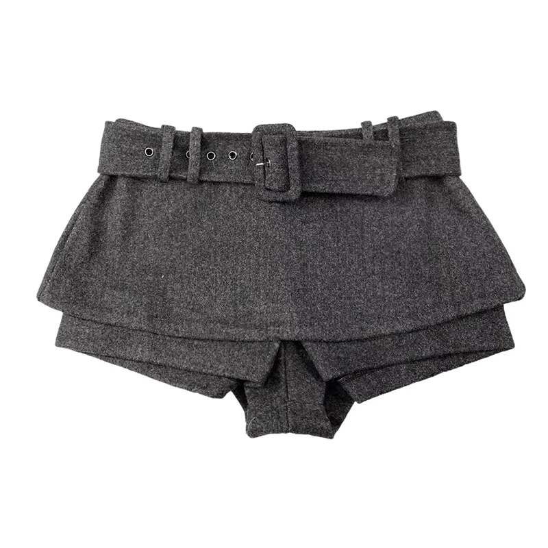 REDDACHiC Low Rise Tweed Shorts Women School Retro Gray Belt A-line Wrap Skirt Mini Skorts Grunge Cutecore Autumn Winter Bottoms