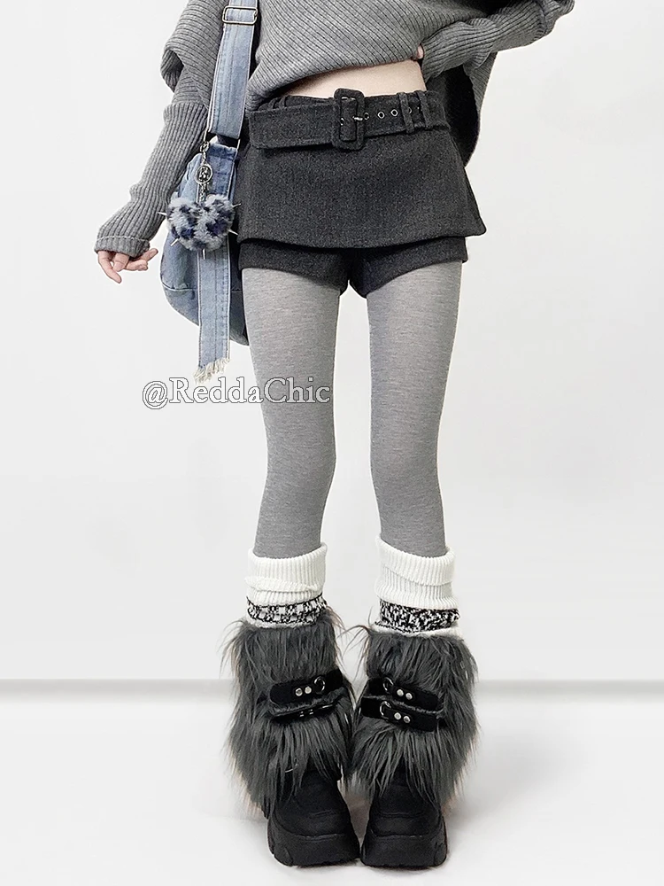 REDDACHiC Low Rise Tweed Shorts Women School Retro Gray Belt A-line Wrap Skirt Mini Skorts Grunge Cutecore Autumn Winter Bottoms
