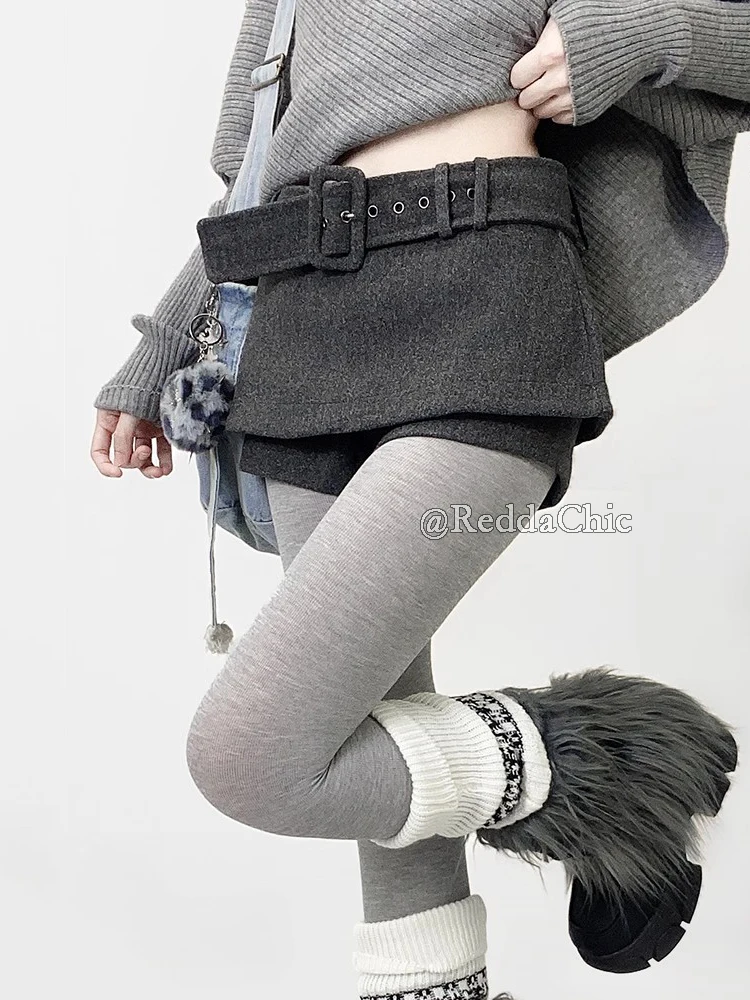 REDDACHiC Low Rise Tweed Shorts Women School Retro Gray Belt A-line Wrap Skirt Mini Skorts Grunge Cutecore Autumn Winter Bottoms