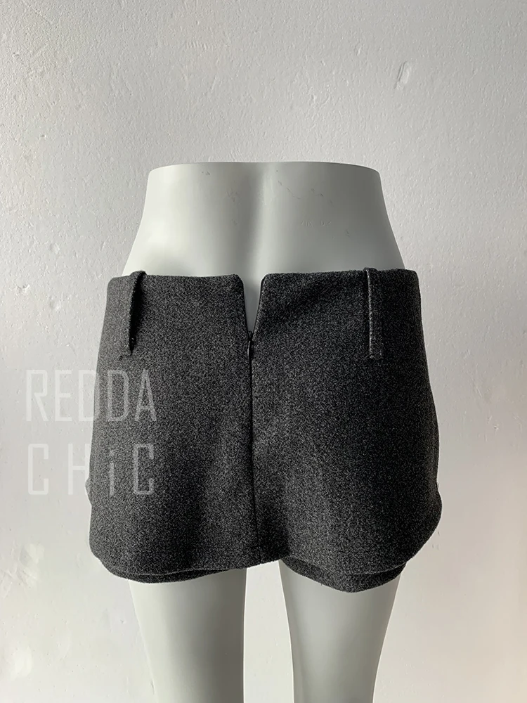REDDACHiC Low Rise Tweed Shorts Women School Retro Gray Belt A-line Wrap Skirt Mini Skorts Grunge Cutecore Autumn Winter Bottoms