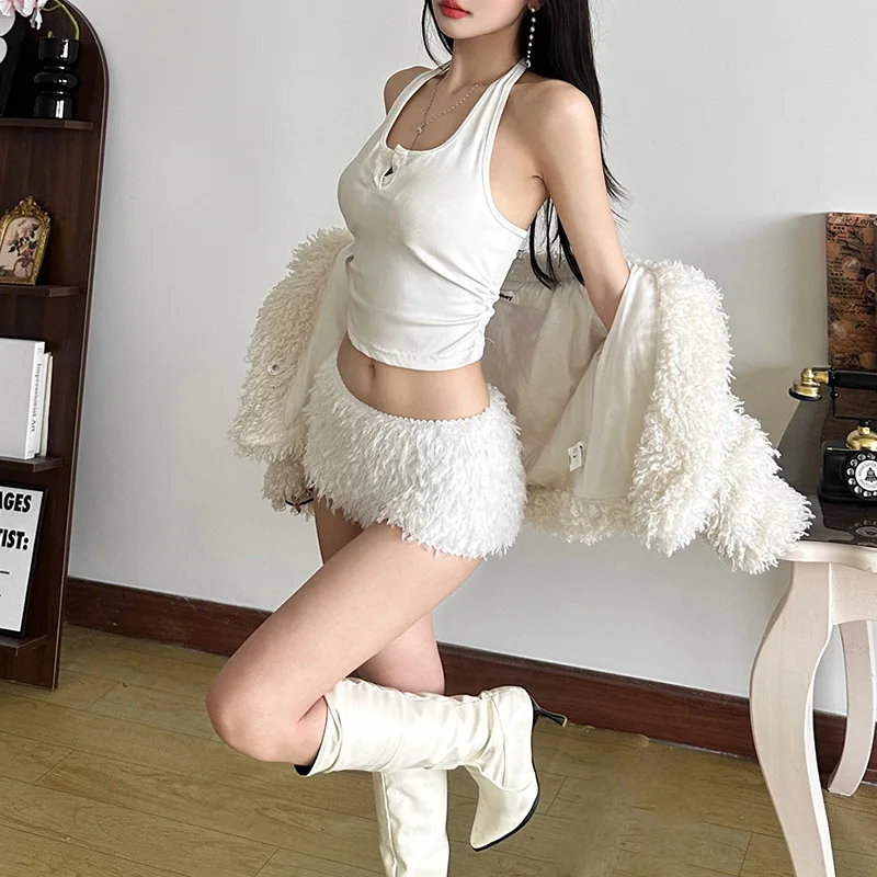 Y2K Plush Pants Women Snow White Low Waist Casual Christmas Tight Shorts
