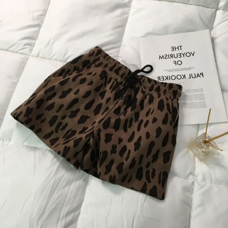 Women Leopard Sport Shorts Wide Leg Pants Mini Lenth High Drawstring Waist Slight Strech Loose Office Lady Casual 2026 Summer