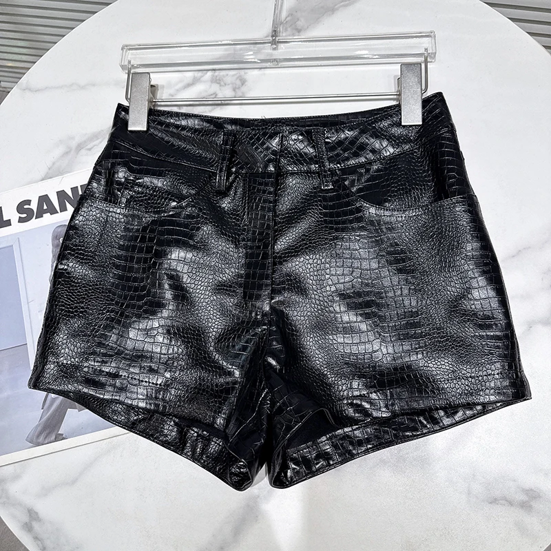 KUCLUT 2026 Autumn New Fashion Shiny Pattern PU Leather Three-Quarter Shorts For Women Solid Color Boot Pant Female Trend 1A4222