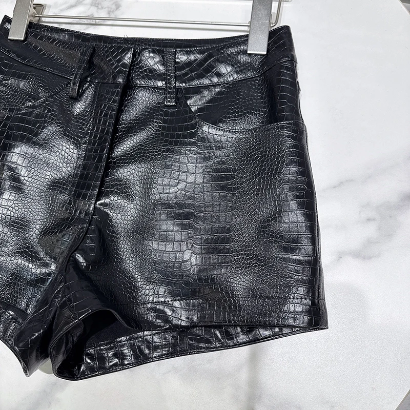 KUCLUT 2026 Autumn New Fashion Shiny Pattern PU Leather Three-Quarter Shorts For Women Solid Color Boot Pant Female Trend 1A4222