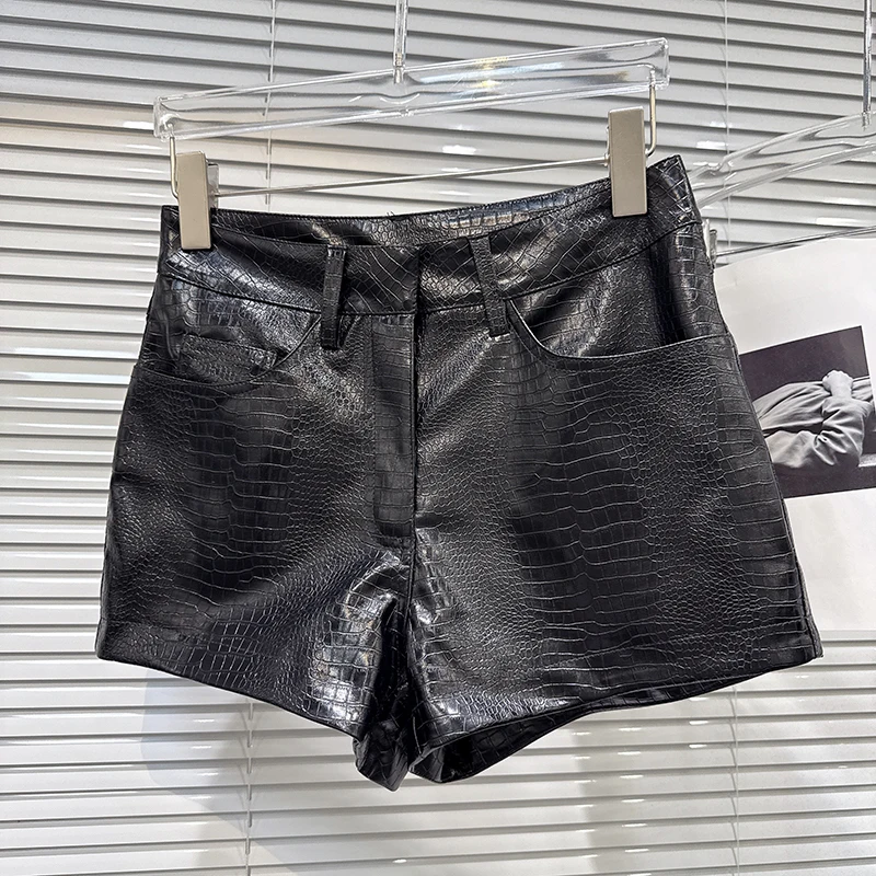 KUCLUT 2026 Autumn New Fashion Shiny Pattern PU Leather Three-Quarter Shorts For Women Solid Color Boot Pant Female Trend 1A4222