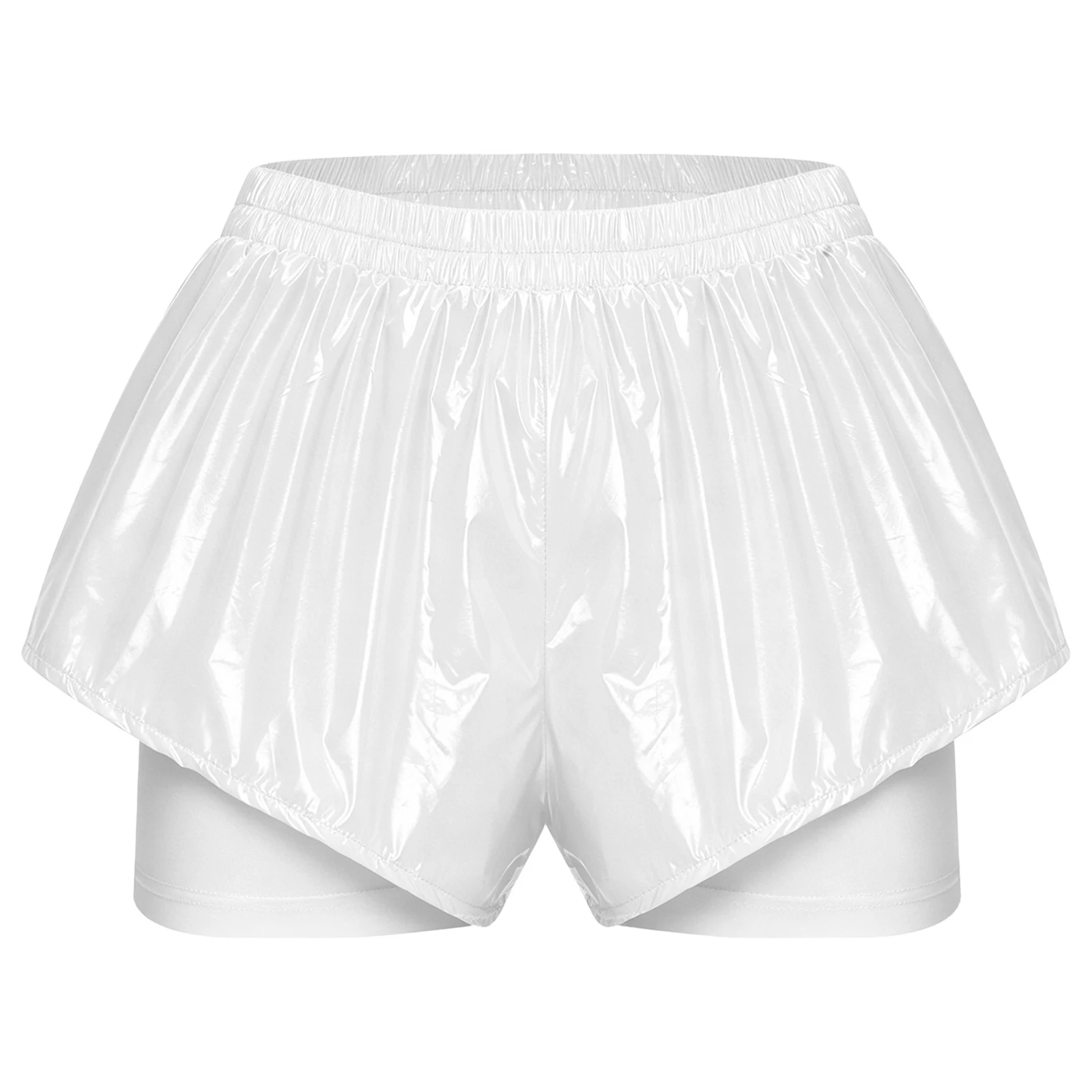 Womens Waterproof Booty Shorts High Waist Loose Rave Festival Clubwear Bottoms Waterproof Glossy Double Layer Swimming Shorts