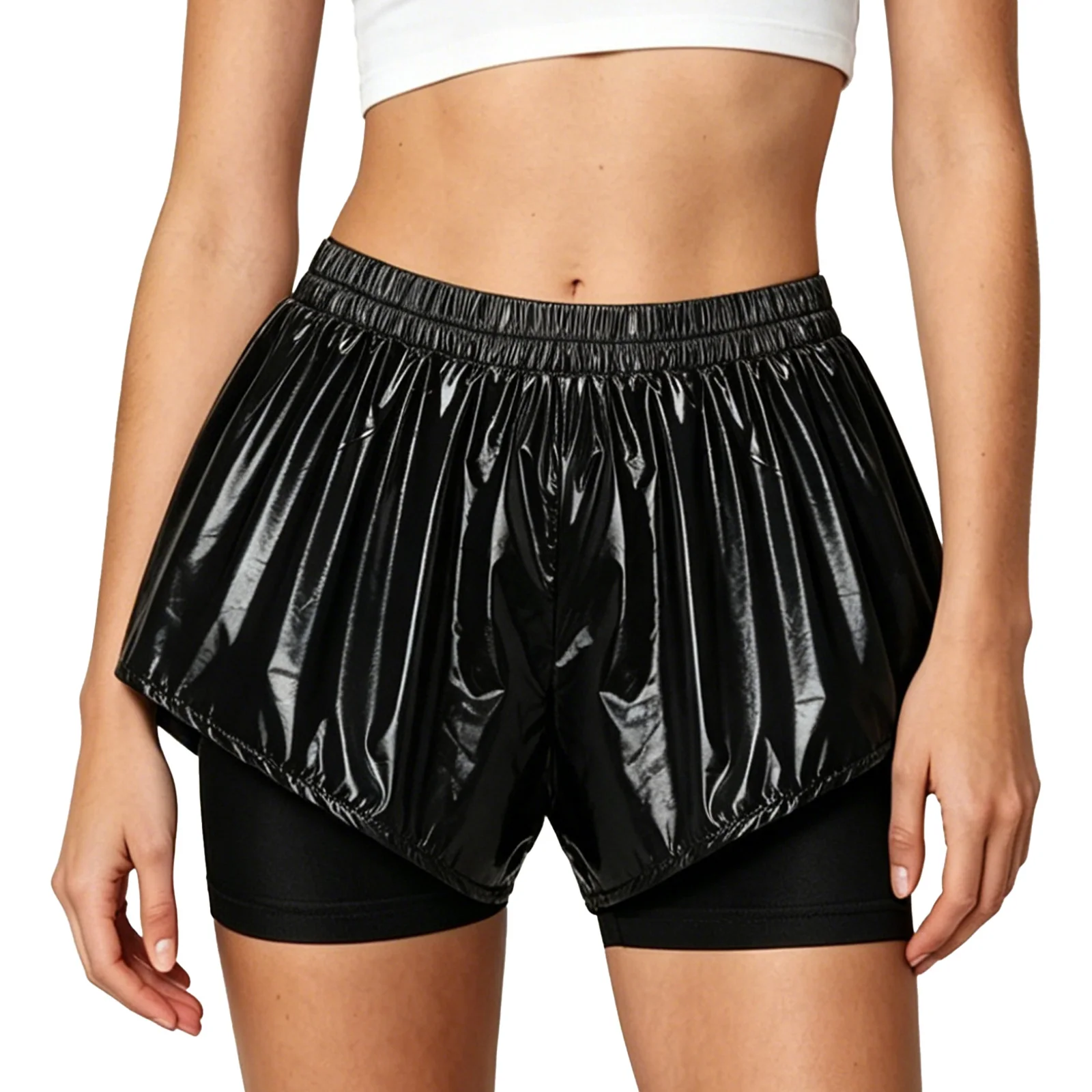 Womens Waterproof Booty Shorts High Waist Loose Rave Festival Clubwear Bottoms Waterproof Glossy Double Layer Swimming Shorts