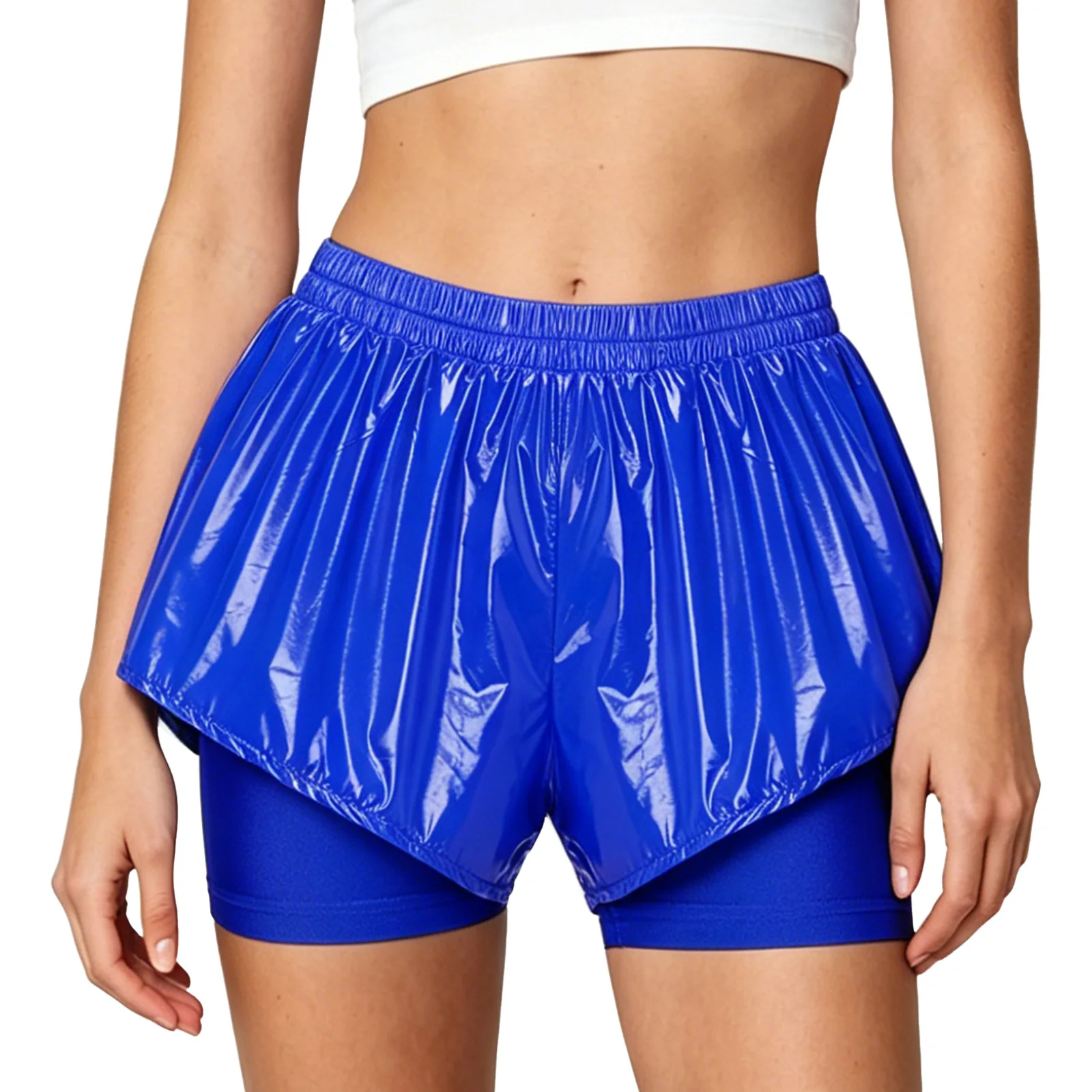 Womens Waterproof Booty Shorts High Waist Loose Rave Festival Clubwear Bottoms Waterproof Glossy Double Layer Swimming Shorts