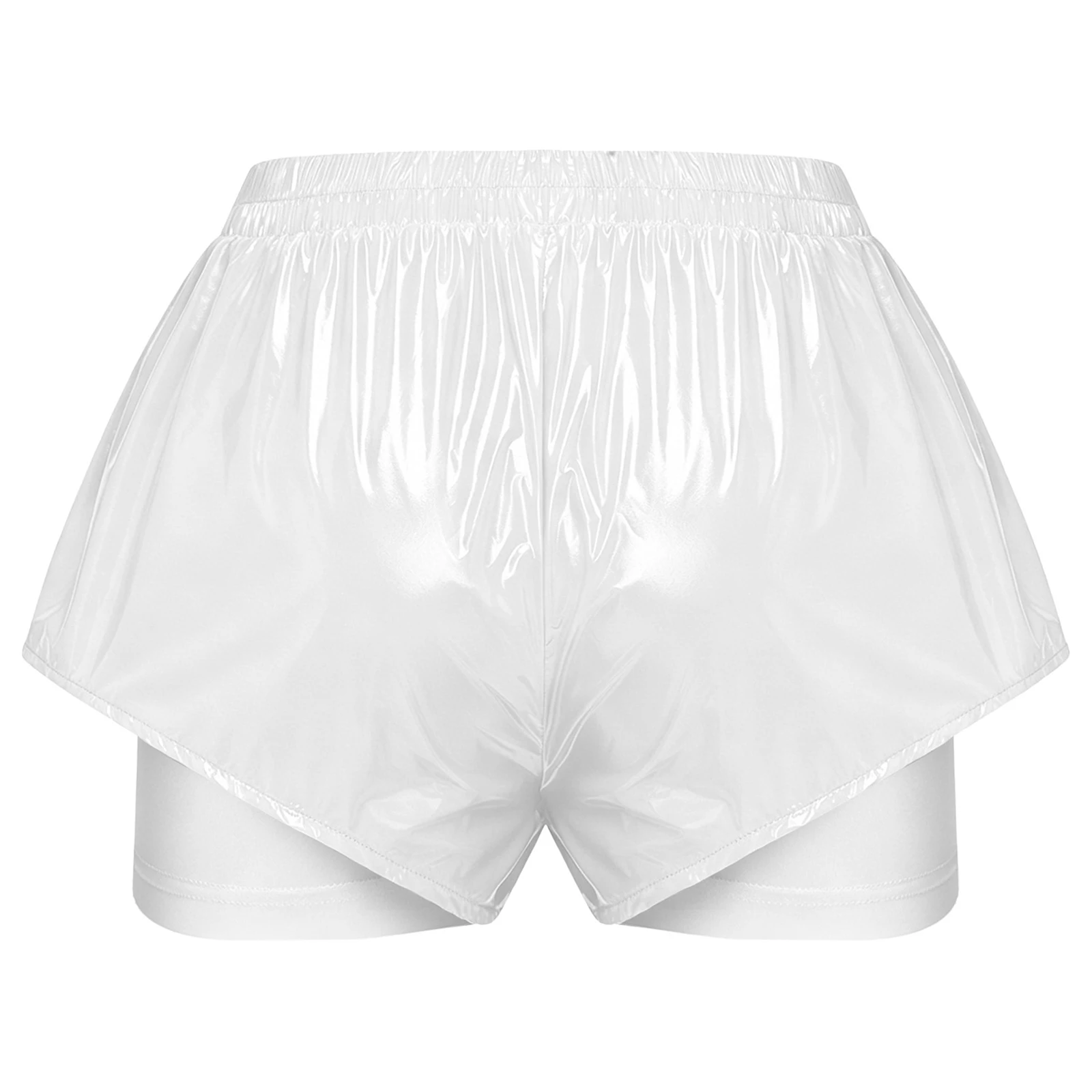 Womens Waterproof Booty Shorts High Waist Loose Rave Festival Clubwear Bottoms Waterproof Glossy Double Layer Swimming Shorts