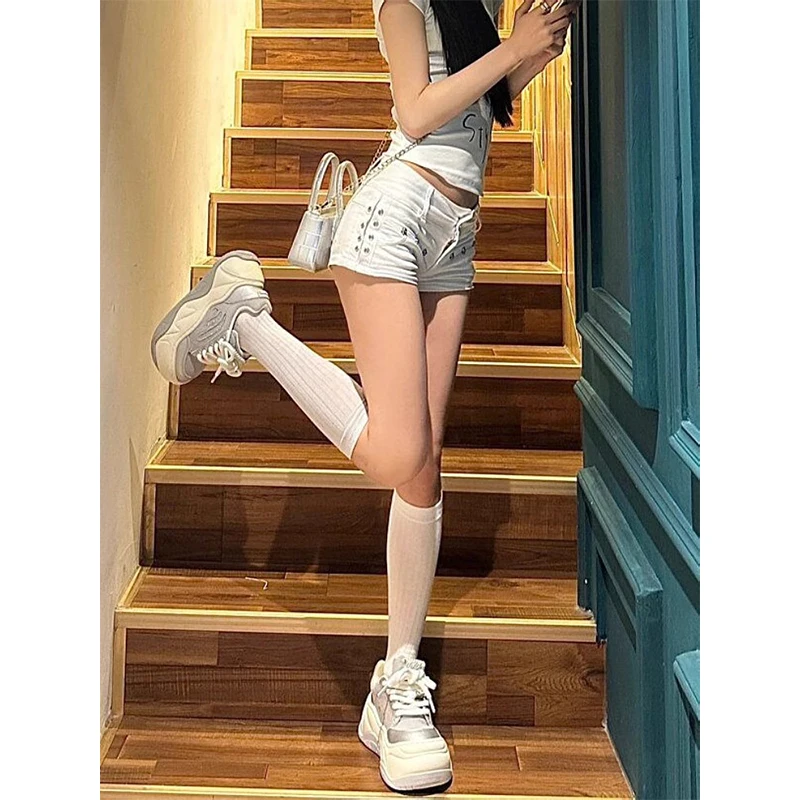 Women White Denim Shorts Y2k High Waist Streetwear Aesthetic Vintage Mini Jeans Shorts Harajuku Korean Summer 2000s Clothes 2024