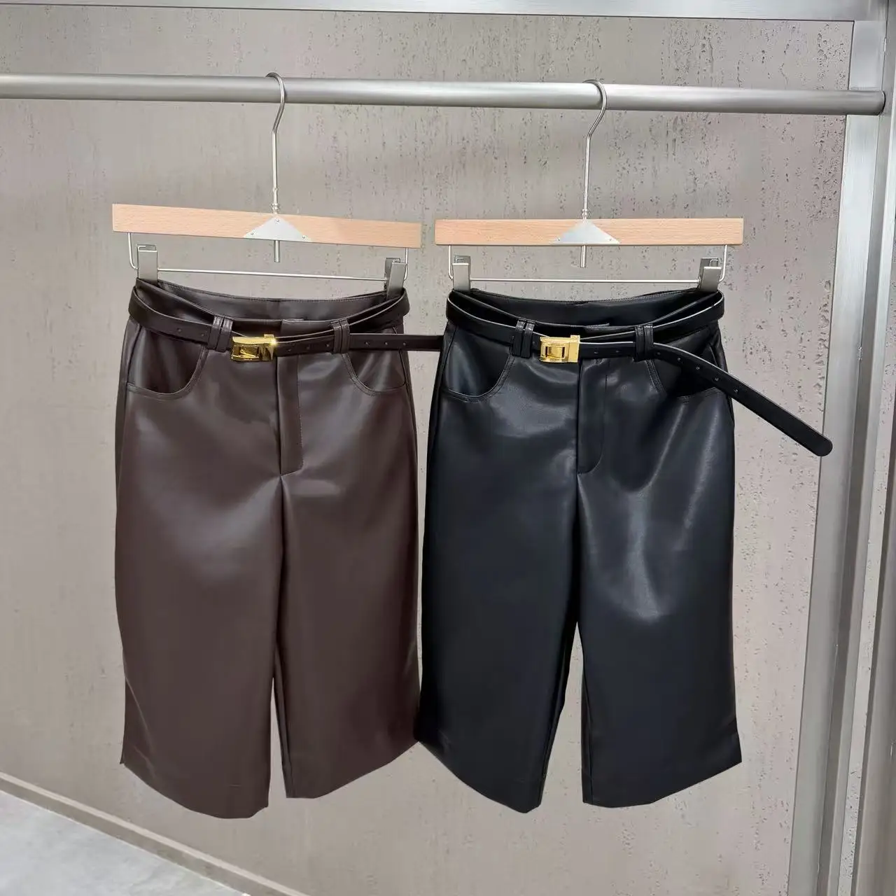 High Street Shorts Autumn Women's Ins Style Paired with Belt Design Slimming Straight Leg PU Leather Pants Retro and Casual