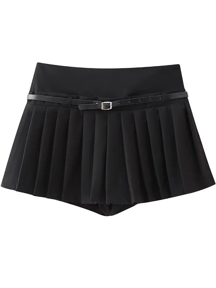 Willshela Women Fashion With Belt Solid Pleated Side Zipper Mini Skirts Shorts Vintage High Waist Female Chic Lady Shorts