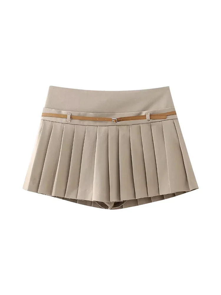 Willshela Women Fashion With Belt Solid Pleated Side Zipper Mini Skirts Shorts Vintage High Waist Female Chic Lady Shorts