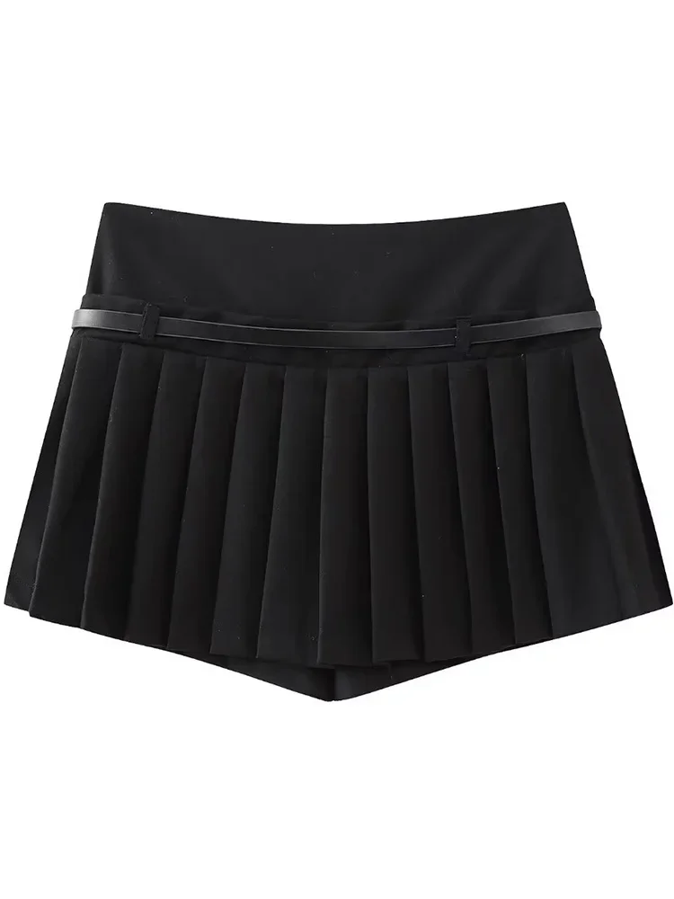 Willshela Women Fashion With Belt Solid Pleated Side Zipper Mini Skirts Shorts Vintage High Waist Female Chic Lady Shorts