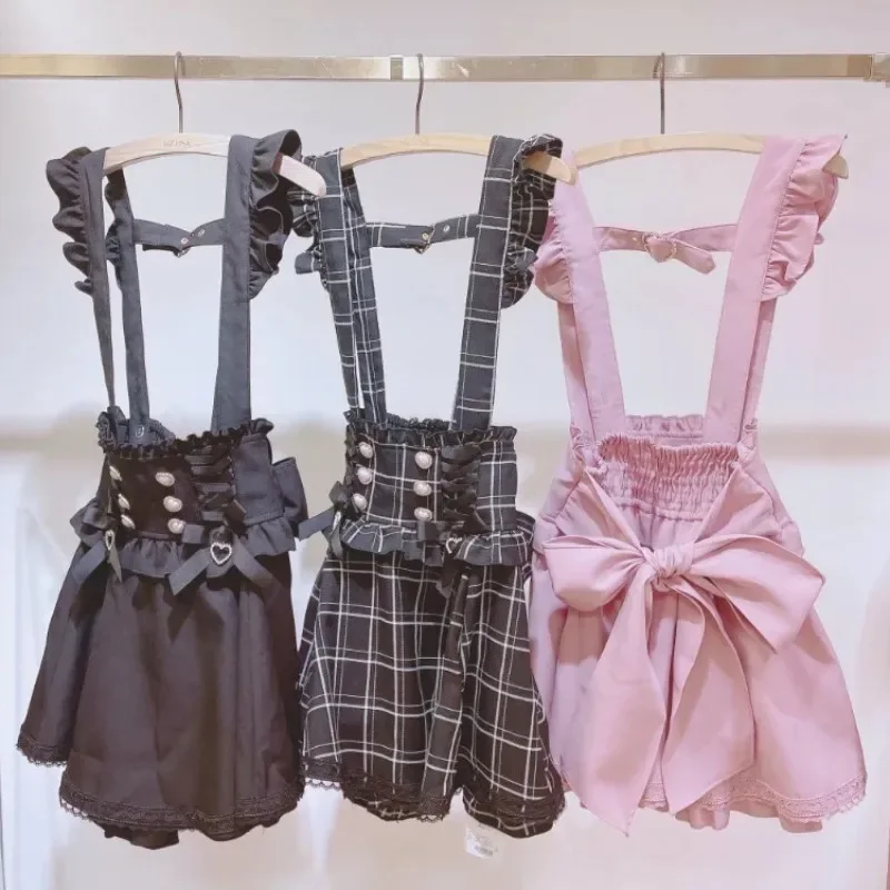 Sweet Cute Lace A-Line Mini Skirts Women Gothic Lolita Ribbon Short Suspender Plaid Skirt Summer 2025 Solid Kawaii Japanese