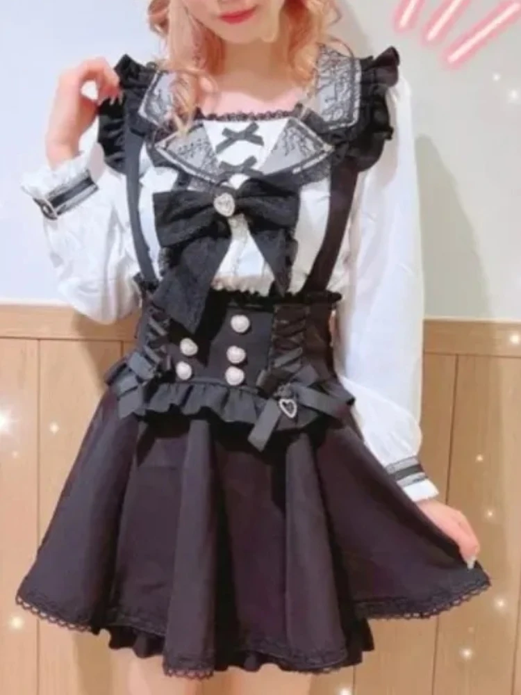Sweet Cute Lace A-Line Mini Skirts Women Gothic Lolita Ribbon Short Suspender Plaid Skirt Summer 2025 Solid Kawaii Japanese