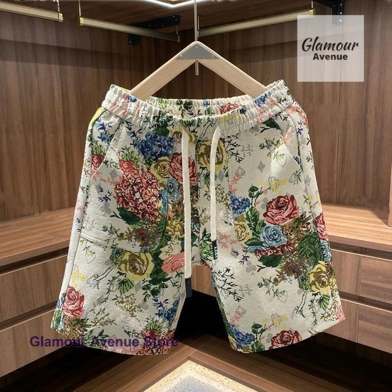 Korean retro painted rose flower shorts women's summer new fashion personalized beach pants fashion printed casual pants.
