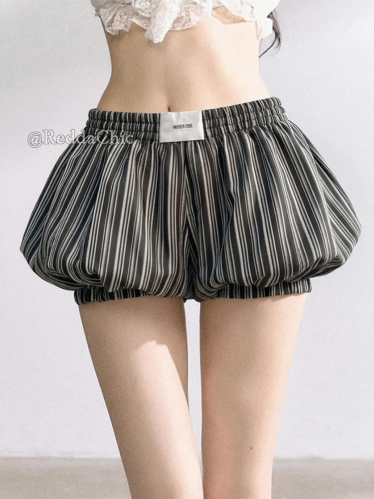 REDDACHiC Women Striped Bubble Shorts Trendy Vintage Elastic Waist Puffy Wide Leg Casual Bloomers Korean Cutecore Summer Clothes