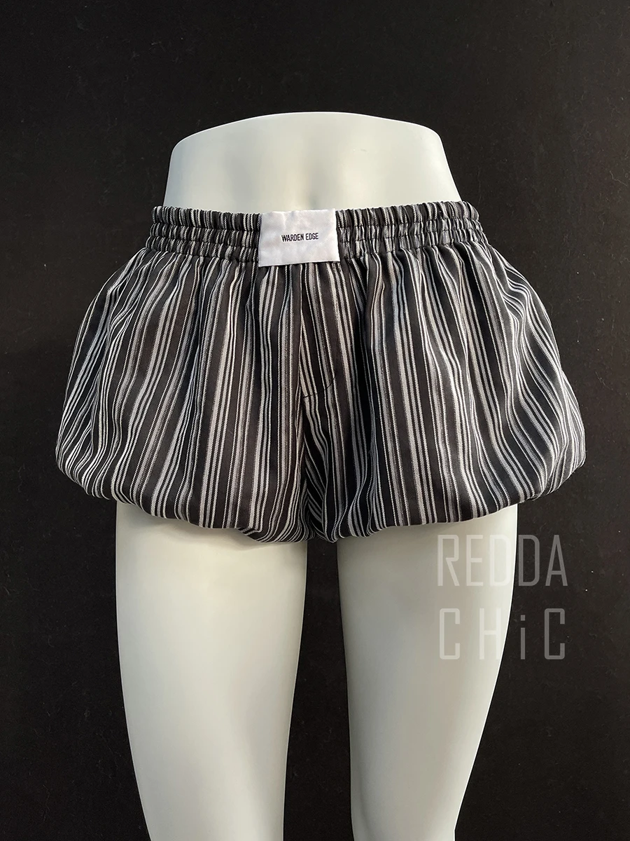 REDDACHiC Women Striped Bubble Shorts Trendy Vintage Elastic Waist Puffy Wide Leg Casual Bloomers Korean Cutecore Summer Clothes