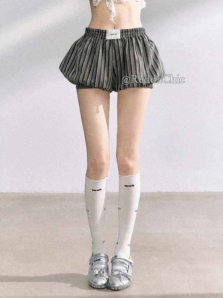 REDDACHiC Women Striped Bubble Shorts Trendy Vintage Elastic Waist Puffy Wide Leg Casual Bloomers Korean Cutecore Summer Clothes