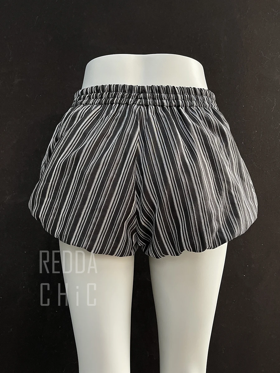 REDDACHiC Women Striped Bubble Shorts Trendy Vintage Elastic Waist Puffy Wide Leg Casual Bloomers Korean Cutecore Summer Clothes