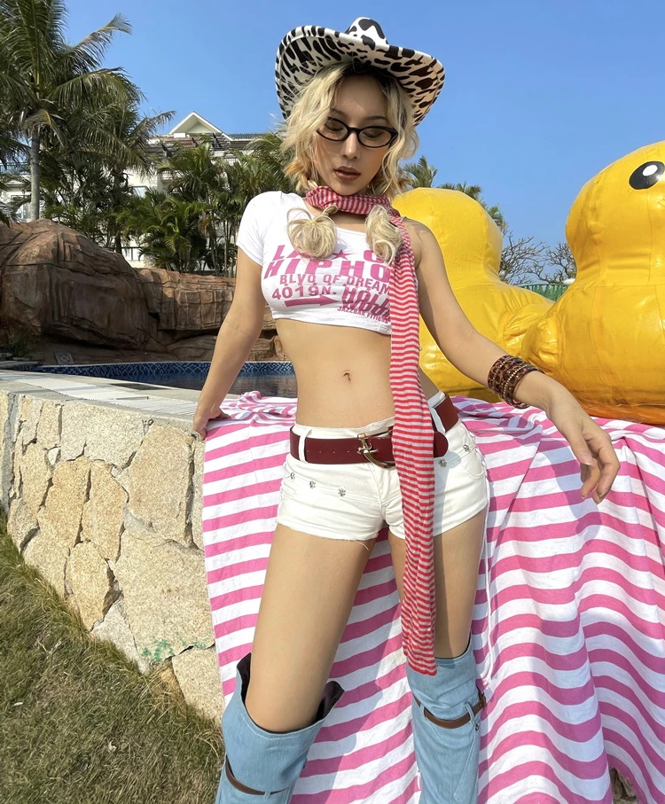 2023 Summer Hot Girls Japanese Harajuku Punk Skull Low Waisted Lace-up White Thin Denim Shorts Goth Rock Sexy Women Shorts
