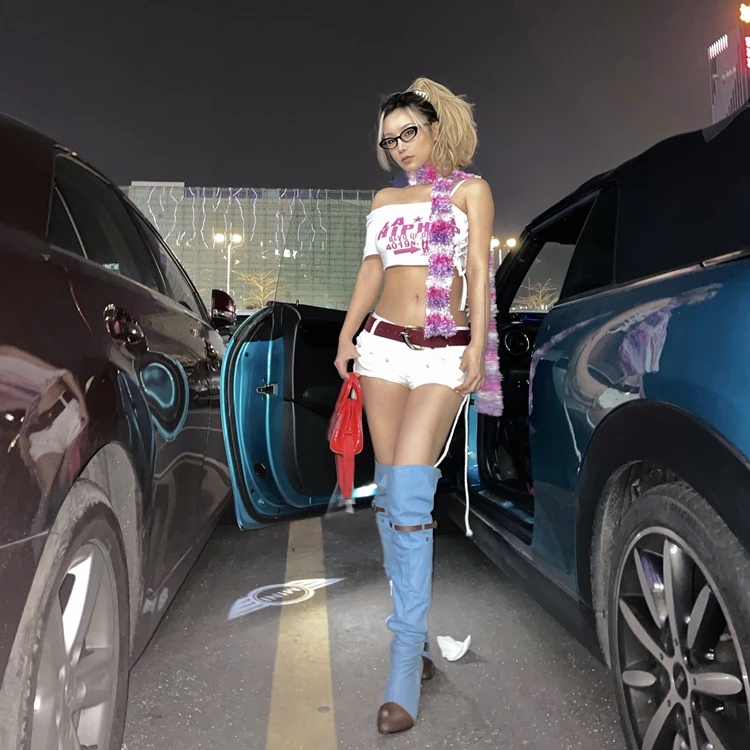 2023 Summer Hot Girls Japanese Harajuku Punk Skull Low Waisted Lace-up White Thin Denim Shorts Goth Rock Sexy Women Shorts