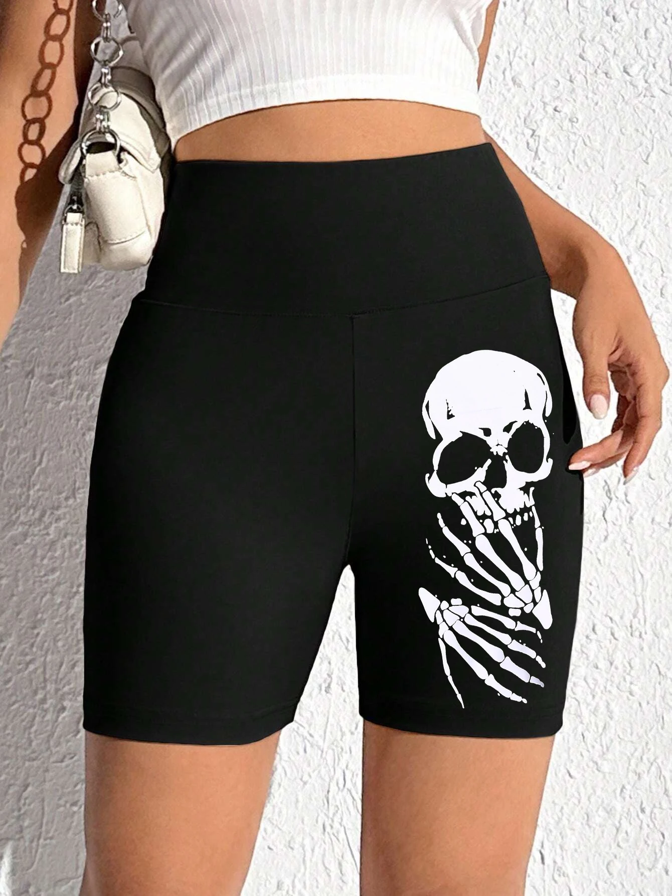 Hot Sale Of High-waist Hip Lifting Tights Solid Color Skull Printed Five Quarter Pants Fashion Printed Slim Shorts Women