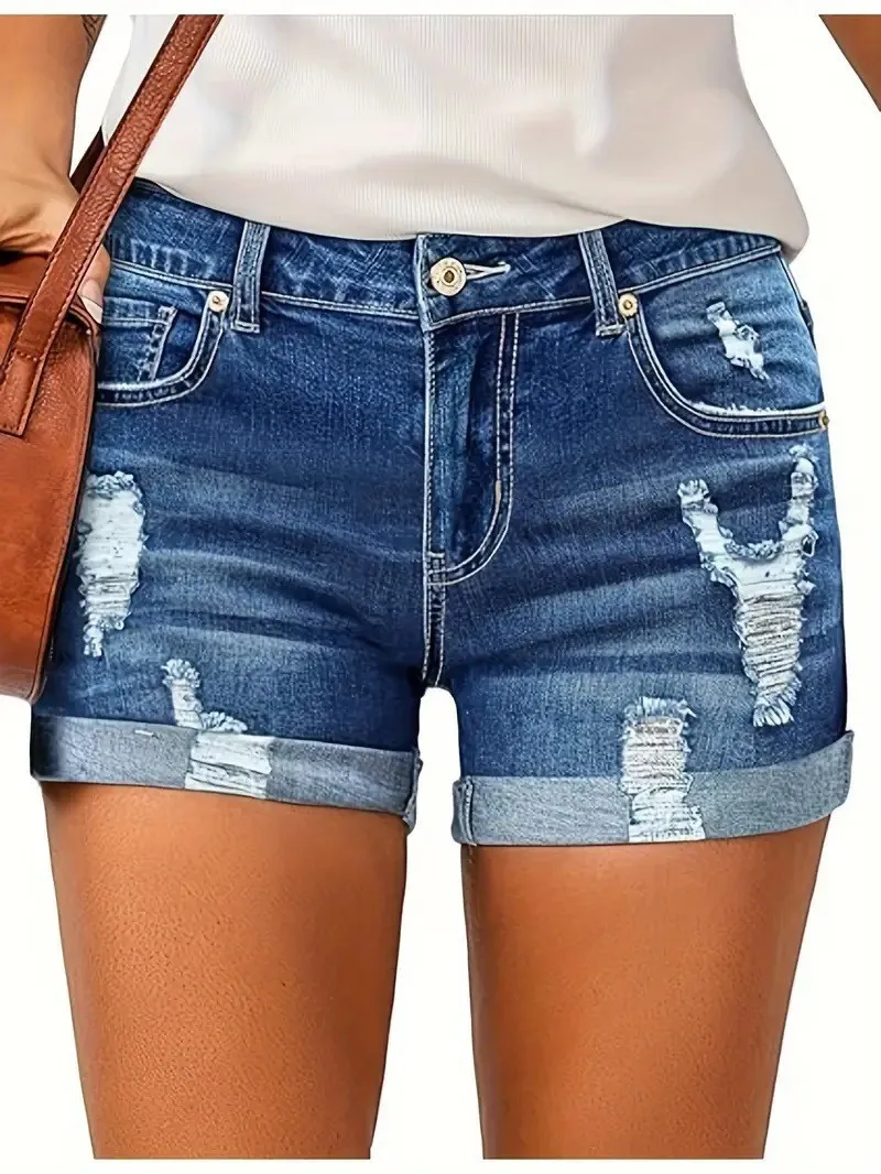 Hole Shorts Women Summer Jeans Stretch High Waist Skinny Pockets Distressed Washed Straight Denims Streetwear 2025 Short Pants