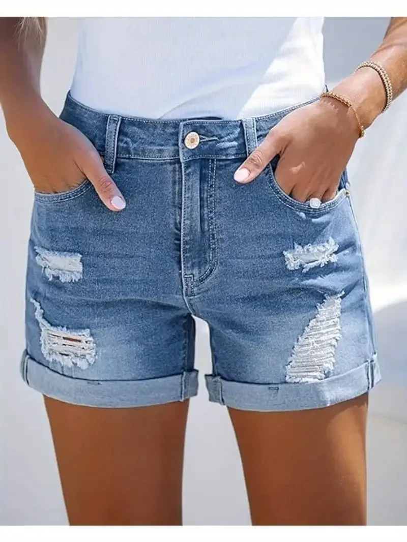 Hole Shorts Women Summer Jeans Stretch High Waist Skinny Pockets Distressed Washed Straight Denims Streetwear 2025 Short Pants