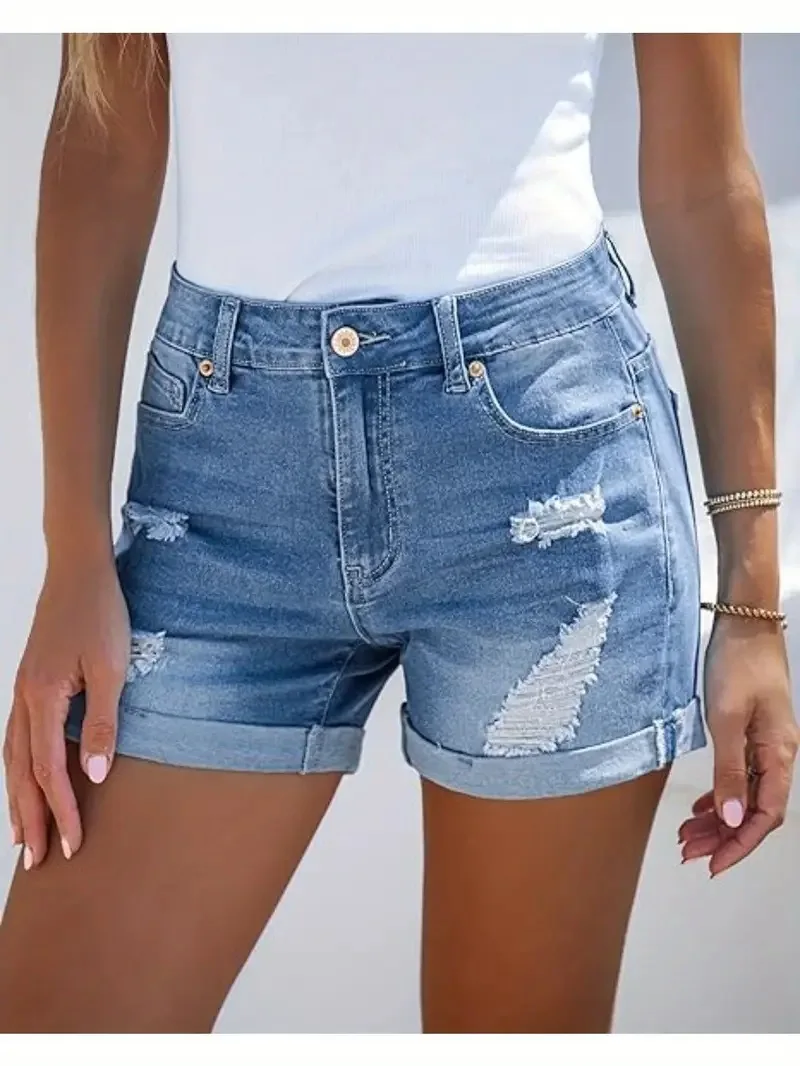 Hole Shorts Women Summer Jeans Stretch High Waist Skinny Pockets Distressed Washed Straight Denims Streetwear 2025 Short Pants