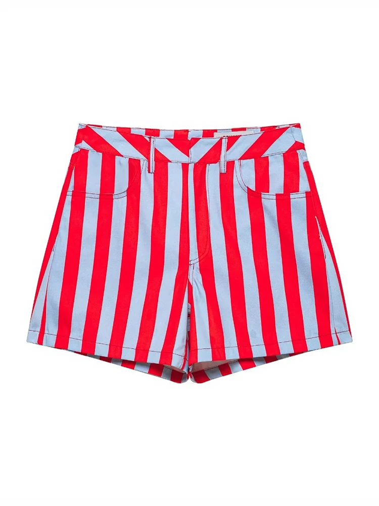 AACHOAE Women Red White Striped High Waist Shorts Summer Casual Straight Leg Shorts Vintage Beach Trendy Stripe Hot Pants