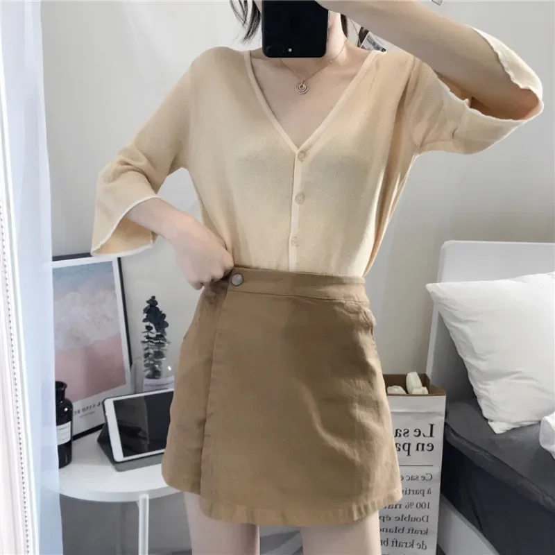Summer Solid Color Shorts Korean Fashion High Waist Casual A-line Pants Skirt Loose Wide Leg Pants Shorts for Women Streetwear