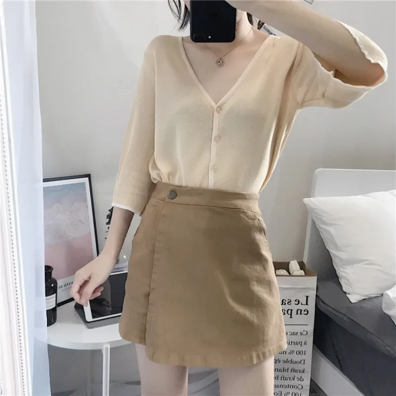 Summer Solid Color Shorts Korean Fashion High Waist Casual A-line Pants Skirt Loose Wide Leg Pants Shorts for Women Streetwear