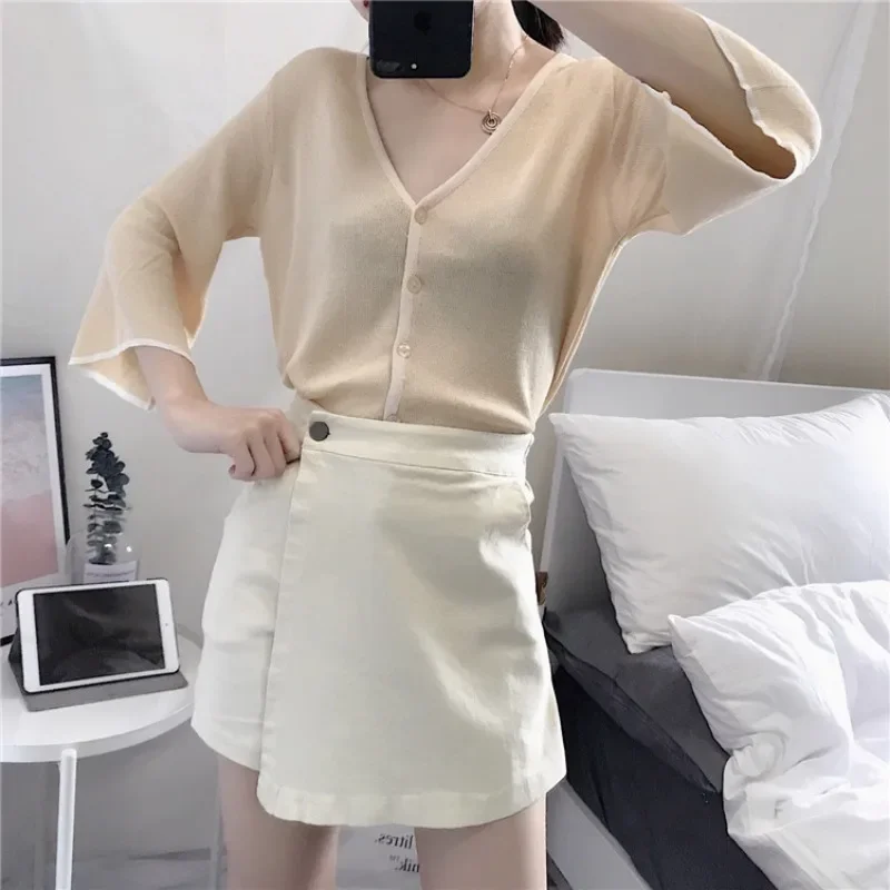 Summer Solid Color Shorts Korean Fashion High Waist Casual A-line Pants Skirt Loose Wide Leg Pants Shorts for Women Streetwear