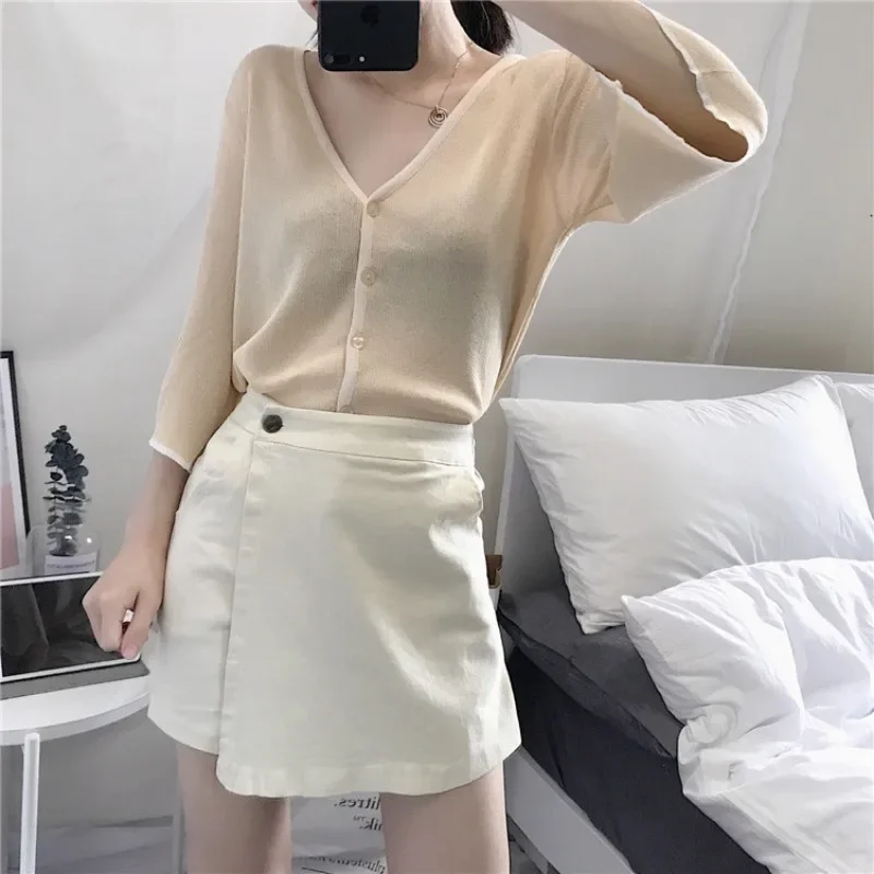 Summer Solid Color Shorts Korean Fashion High Waist Casual A-line Pants Skirt Loose Wide Leg Pants Shorts for Women Streetwear