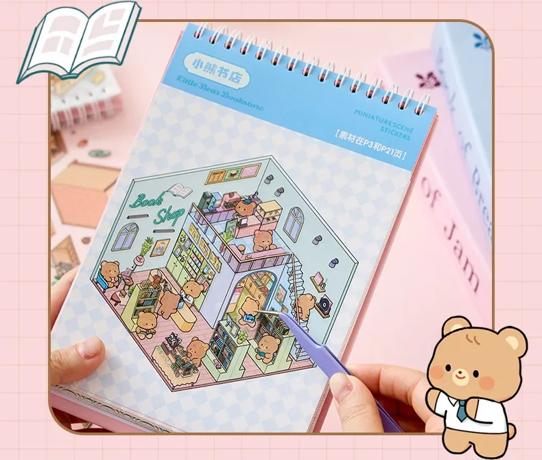 49pcs/pack Sunny Town Miniature Scene Sticker Book 3D Stereo Cartoon Cottage DIY Scene Making Decoration