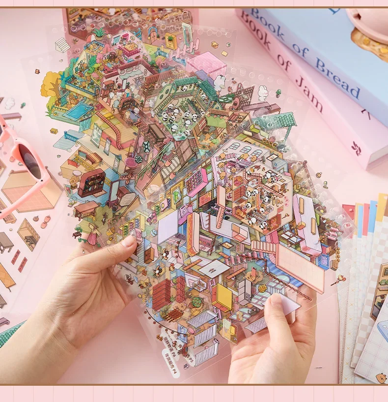 49pcs/pack Sunny Town Miniature Scene Sticker Book 3D Stereo Cartoon Cottage DIY Scene Making Decoration