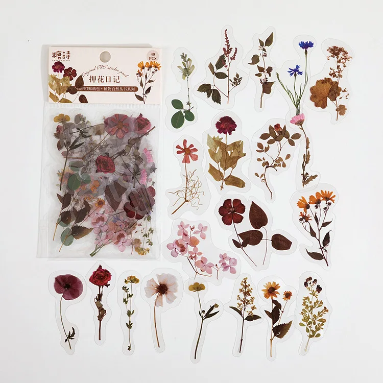 40 Piece/Pack Colorful Flower Retro Art Handbook Diary DIY Decoration PET Sticker for Album Notebook Girl Decorative Supplies