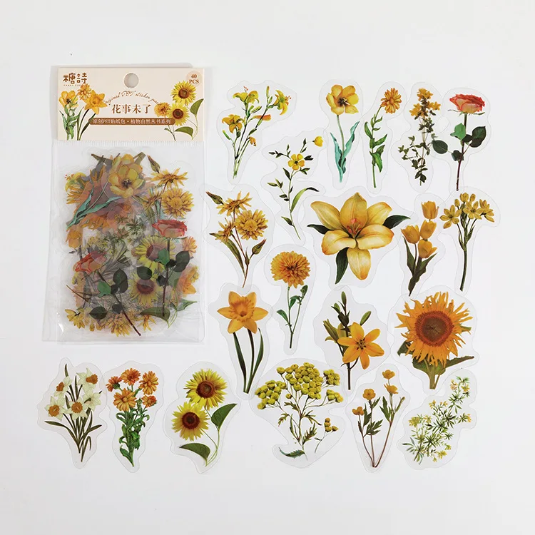 40 Piece/Pack Colorful Flower Retro Art Handbook Diary DIY Decoration PET Sticker for Album Notebook Girl Decorative Supplies