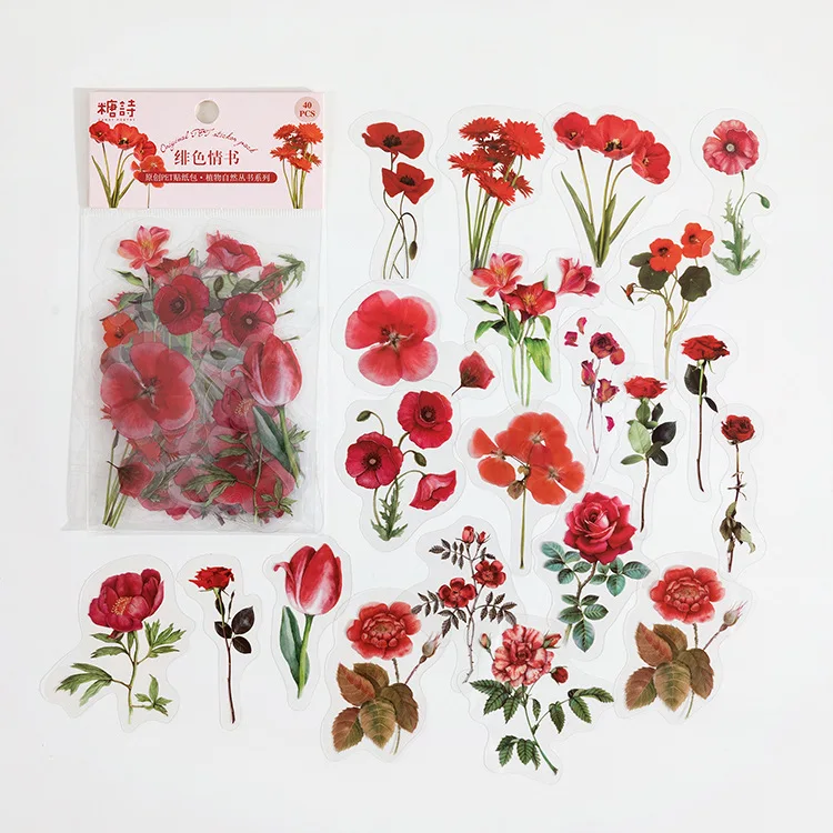 40 Piece/Pack Colorful Flower Retro Art Handbook Diary DIY Decoration PET Sticker for Album Notebook Girl Decorative Supplies
